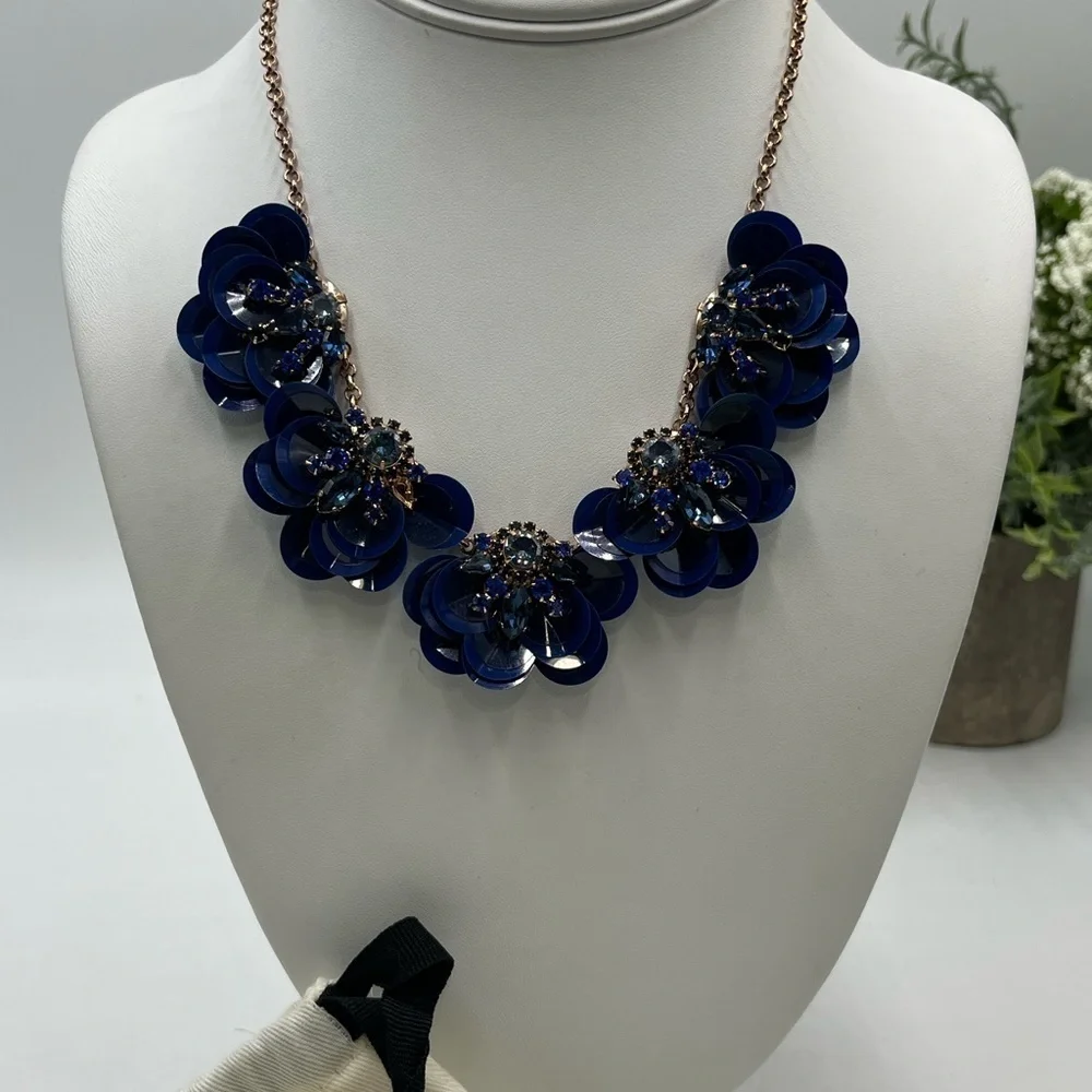Kate Spade New York Blue Snowy Nights Sequined Flower AB Statement Rose Necklace